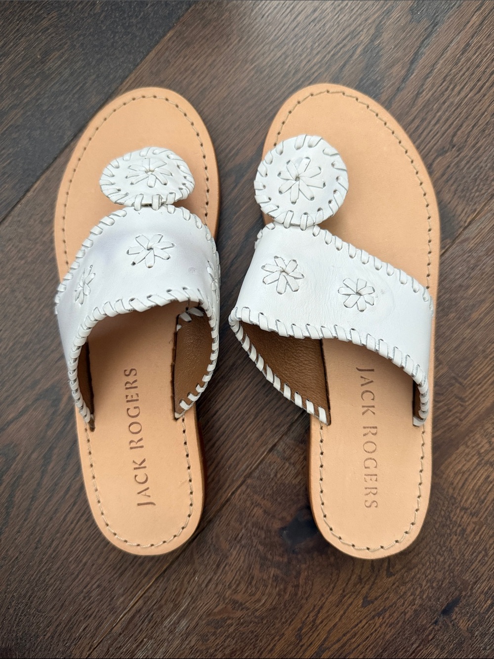 Jack Rogers Girls White Leather Slide Sandals with Floral Medallions